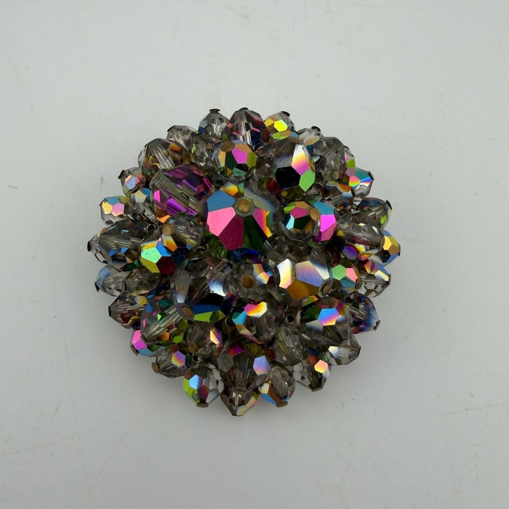Vintage Dome Crystal Brooch Multicolor AB Aurora Borealis Cluster Filigree Retro